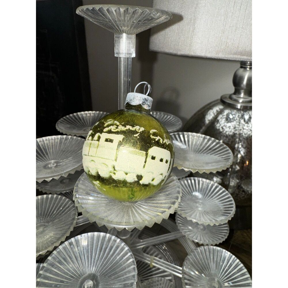 Rare hard to find vintage Christmas ball; Merry Christmas with train stencil